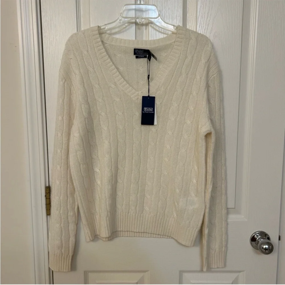 Polo Ralph Lauren Cashmere Iconic Cable Knit V-neck sweater in Cream Size M - Picture 3 of 9